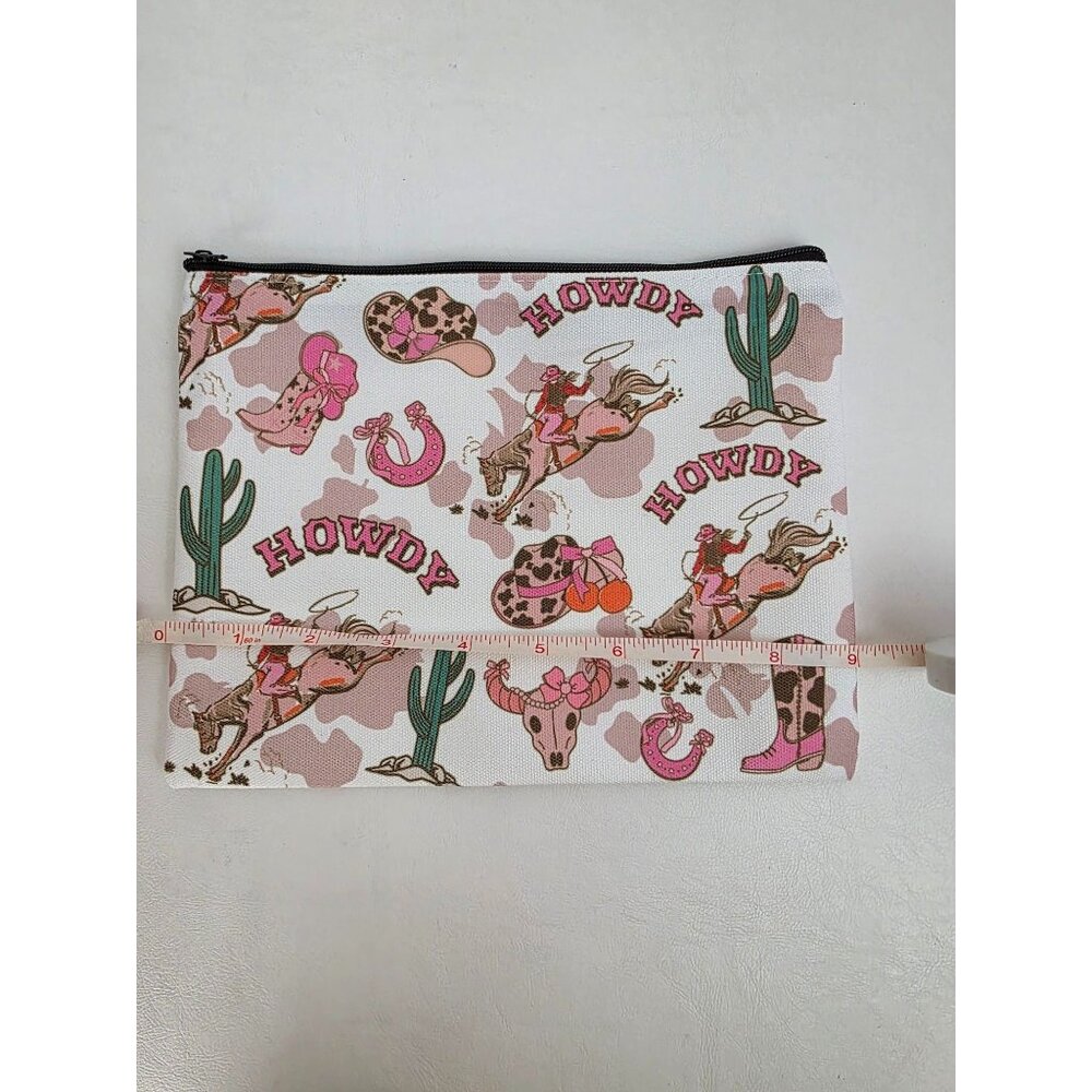 New Howdy Western-Themed Canvas Zipper Pouch 9x7 In With Cowboy & Cowgirl Print - Picture 7 of 9